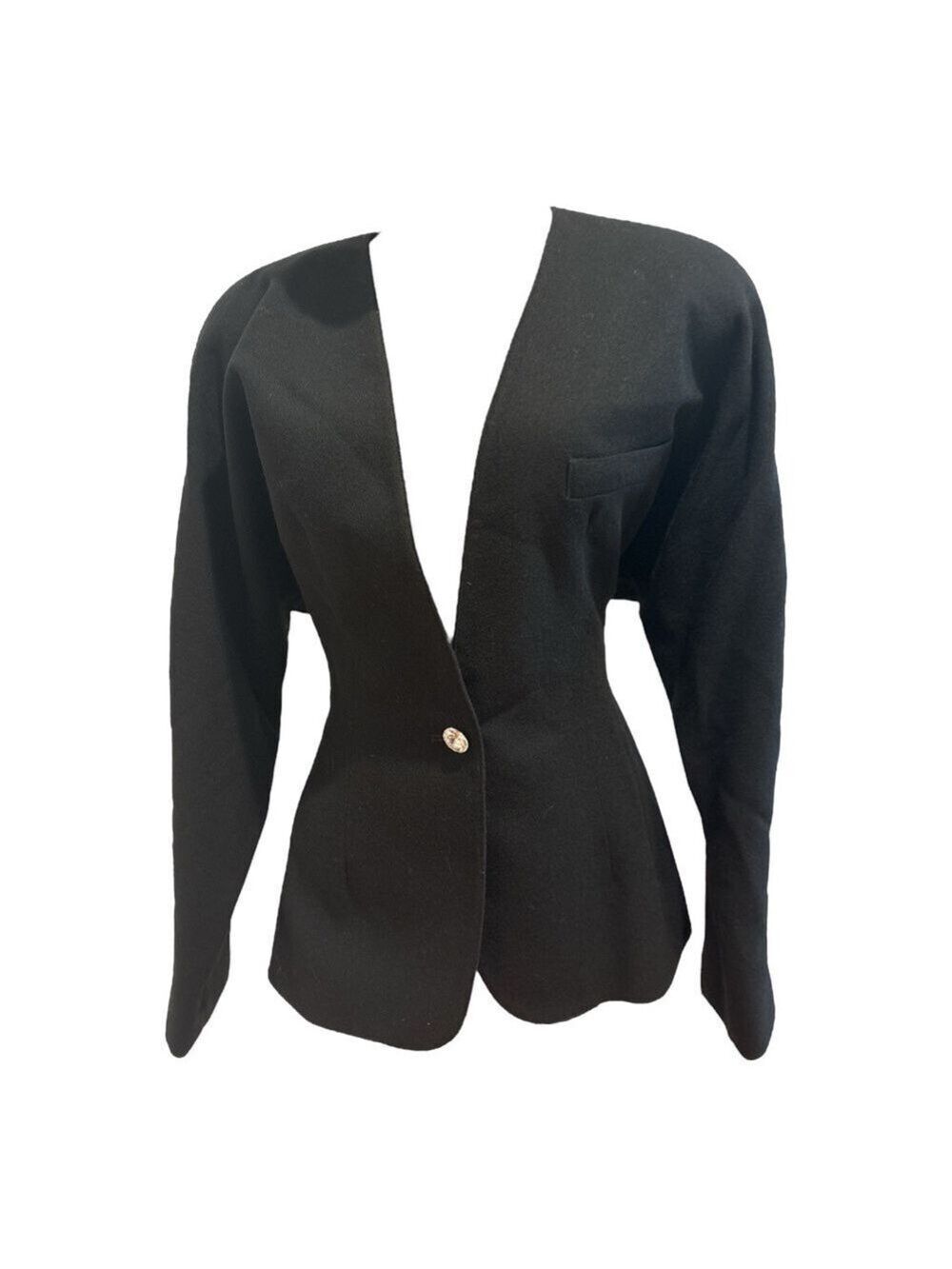 80s ANNE KLEIN CREPE WOOL BLACK BLAZER RAGLAN SLEEVES & RHINESTONE BUTTON SZ 10 - Picture 3 of 8